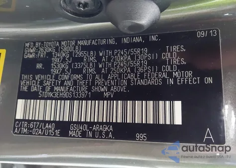 2013 Toyota Highlander Limited V6 from USA, damaged, VIN 5TDYK3EH9DS133971